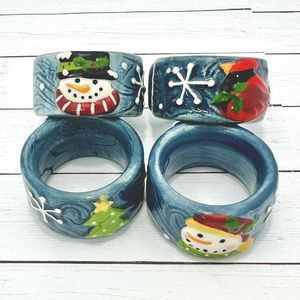 Vintage Blue Christmas Tree Ceramic Napkins Rings Holders 3" Detailed Set Of 4